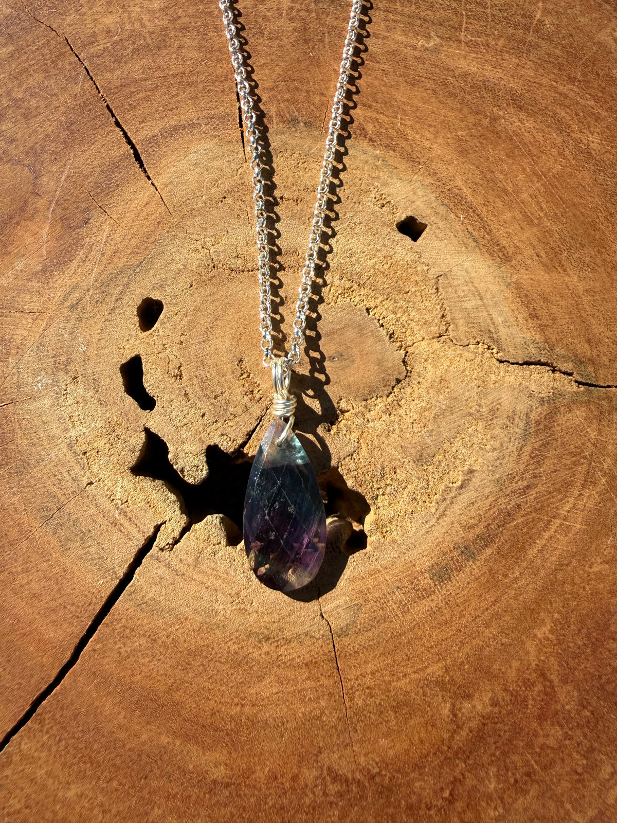 Rainbow Fluorite Faceted Drop - Silver