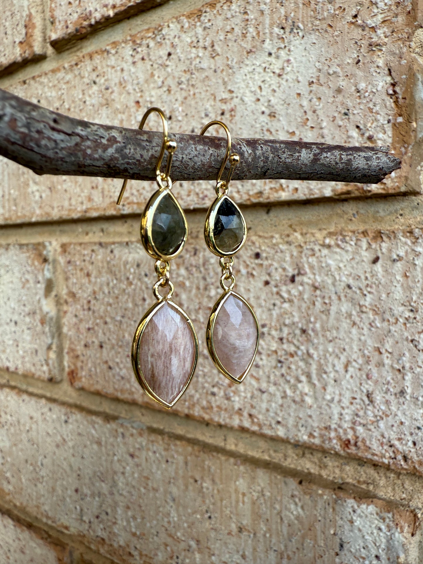 Labradorite & Peach Moonstone - Double Gem Dangles