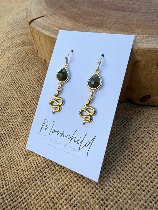 Labradorite Snake Dangle Earrings - Gold