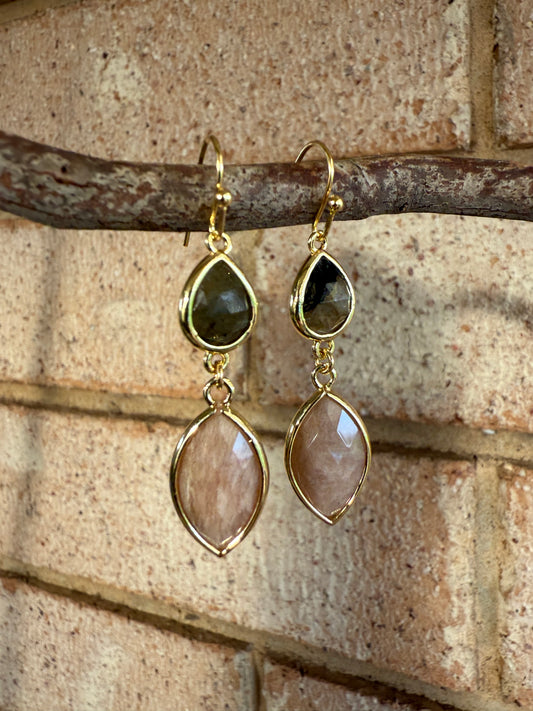 Labradorite & Peach Moonstone - Double Gem Dangles