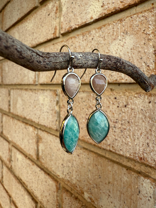 Peach Moonstone & Amazonite - Double Gem Dangles