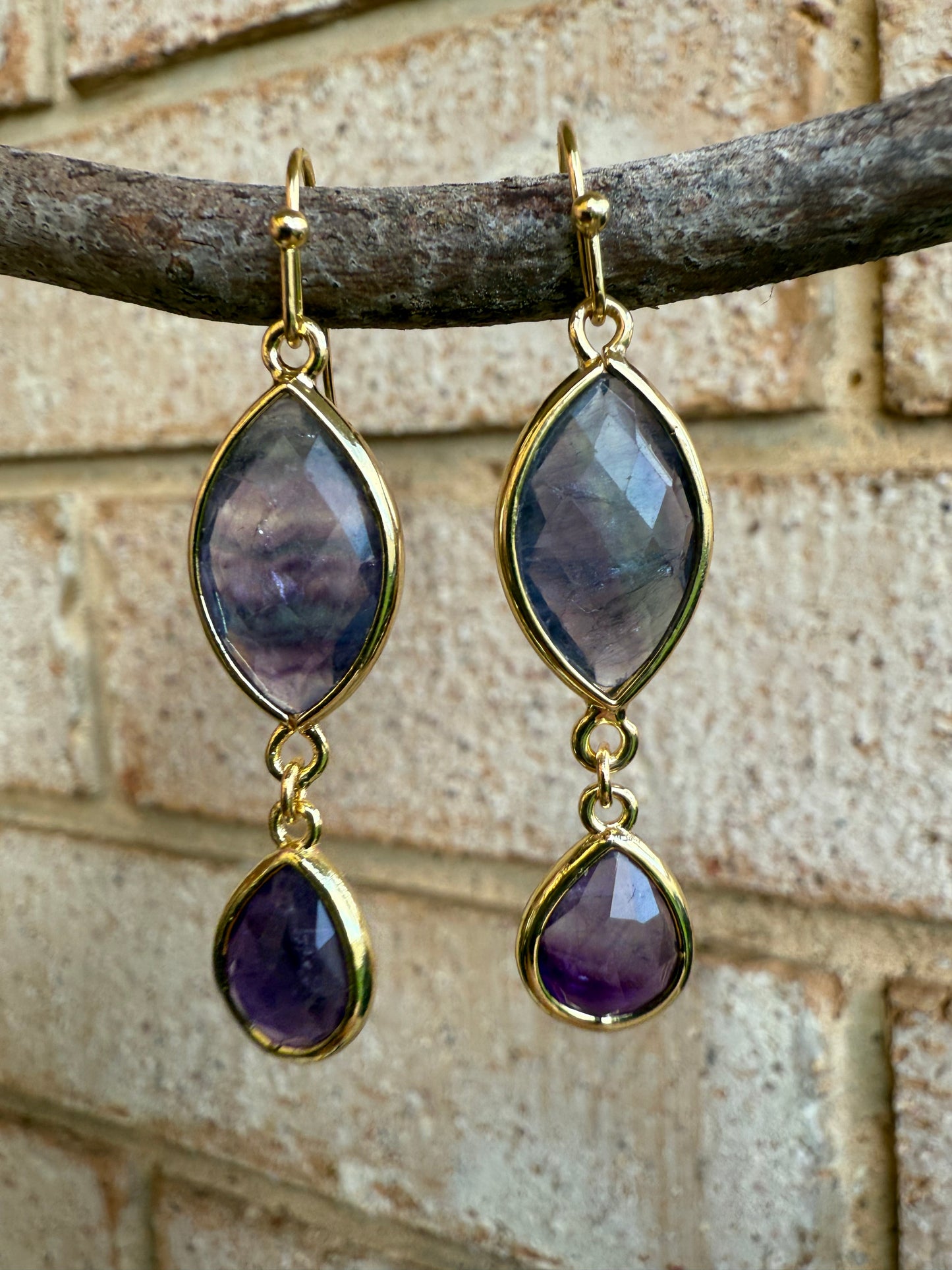 Rainbow Fluorite & Amethyst - Double Gem Dangles