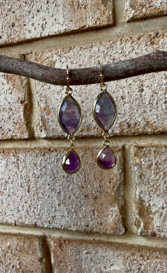 Rainbow Fluorite & Amethyst - Double Gem Dangles