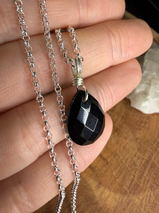 Obsidian Faceted Drop - Silver