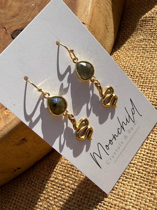 Labradorite Snake Dangle Earrings - Gold