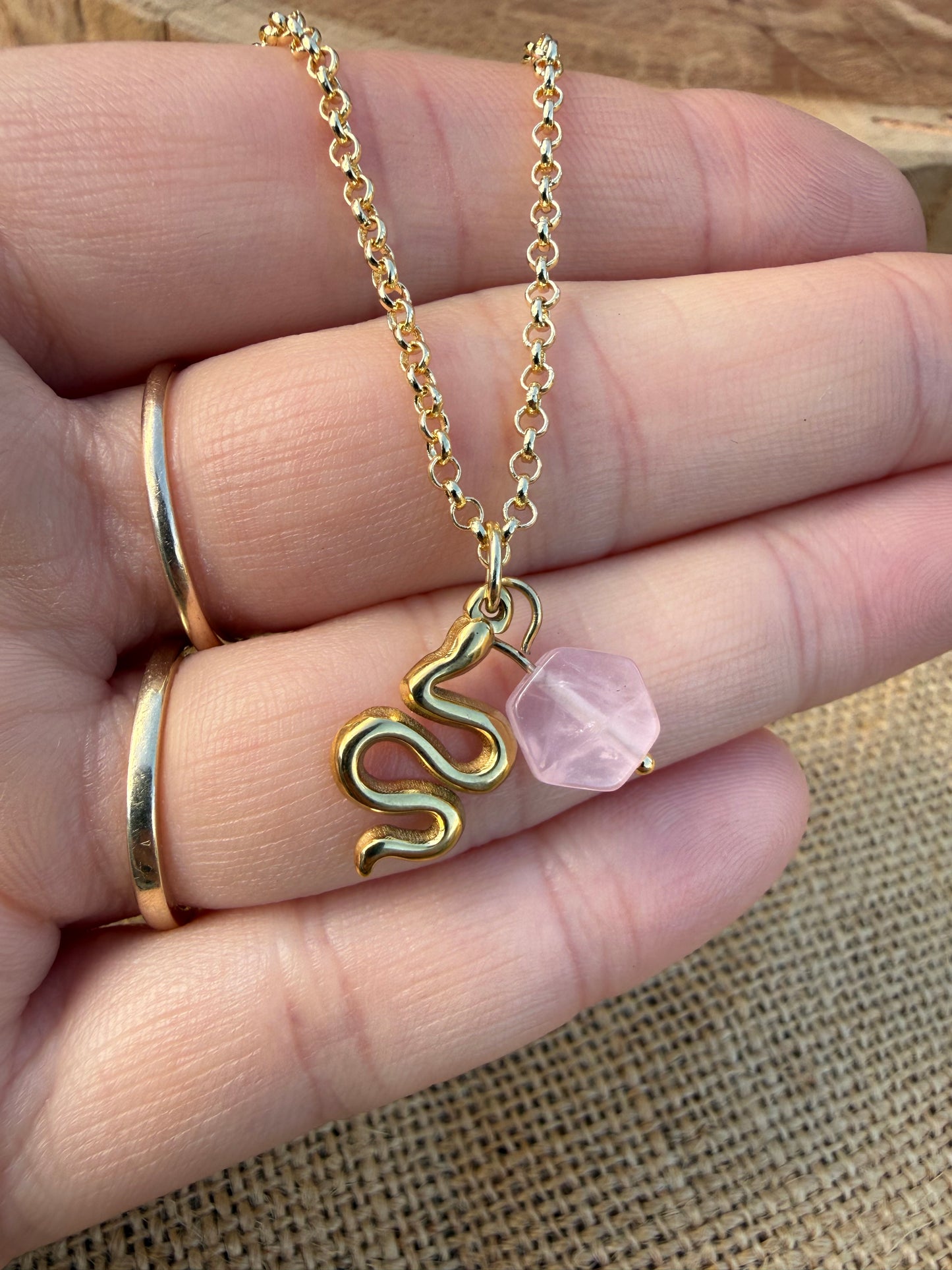 Snake & Rose Quartz - Gold