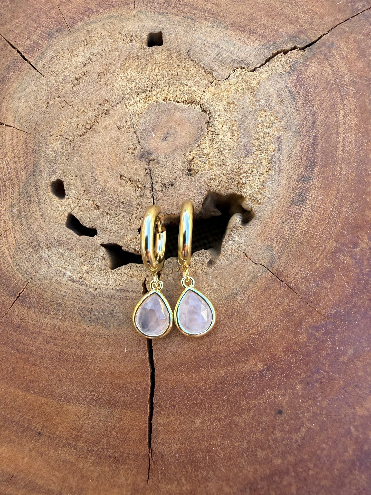 Rose Quartz Huggies - Gold