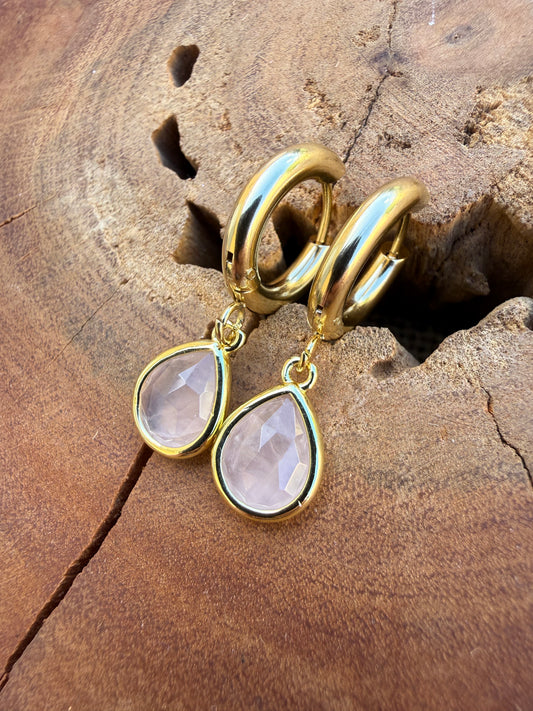 Rose Quartz Huggies - Gold