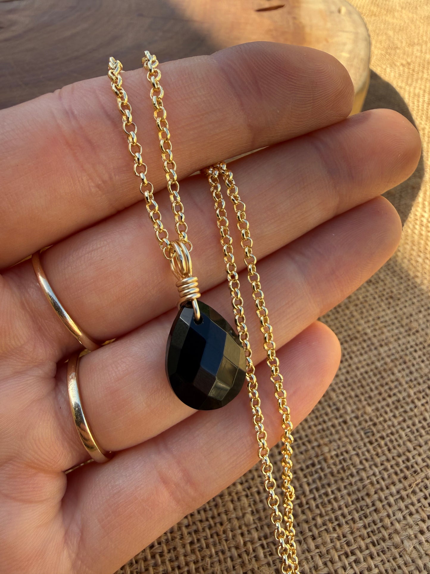 Obsidian Faceted Drop - Gold