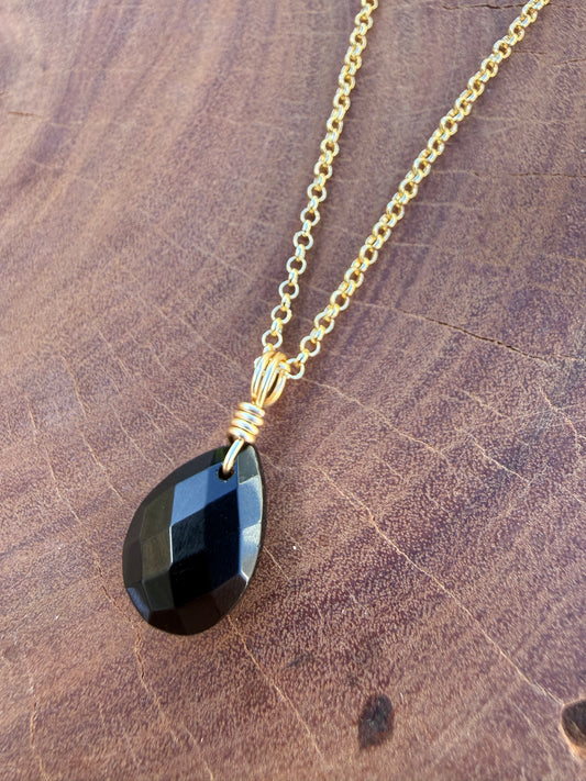 Obsidian Faceted Drop - Gold
